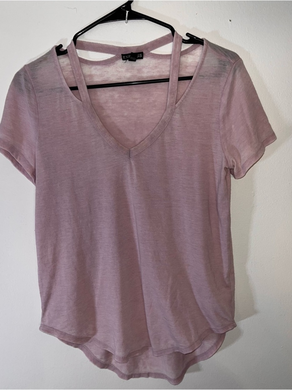 Express Light Lavender V-Neck Short Sleeve Sheer Top Strap Detail